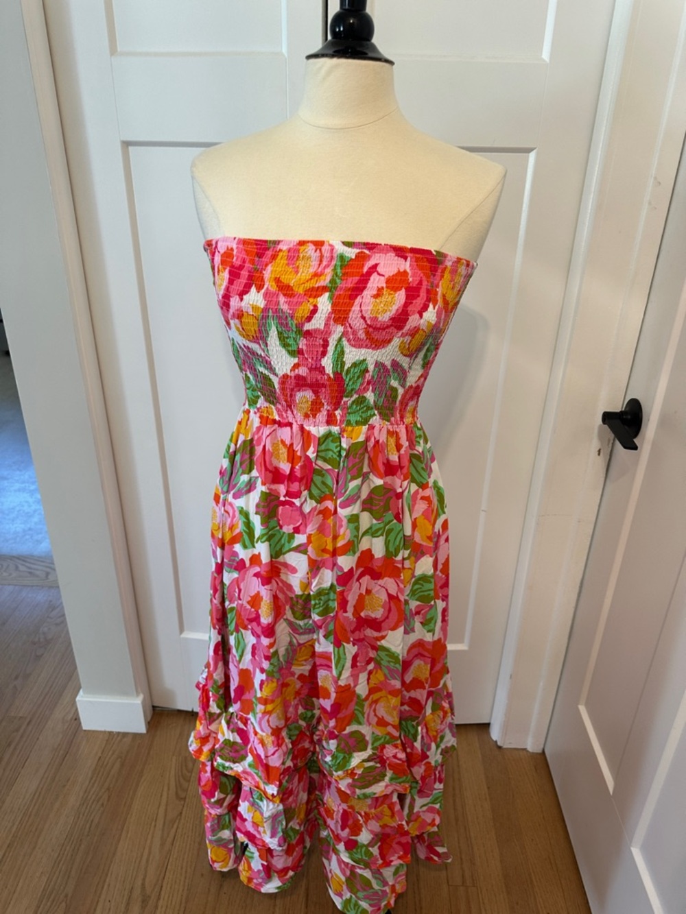 Smocked Strapless Floral Maxi Dress in Pink & Green